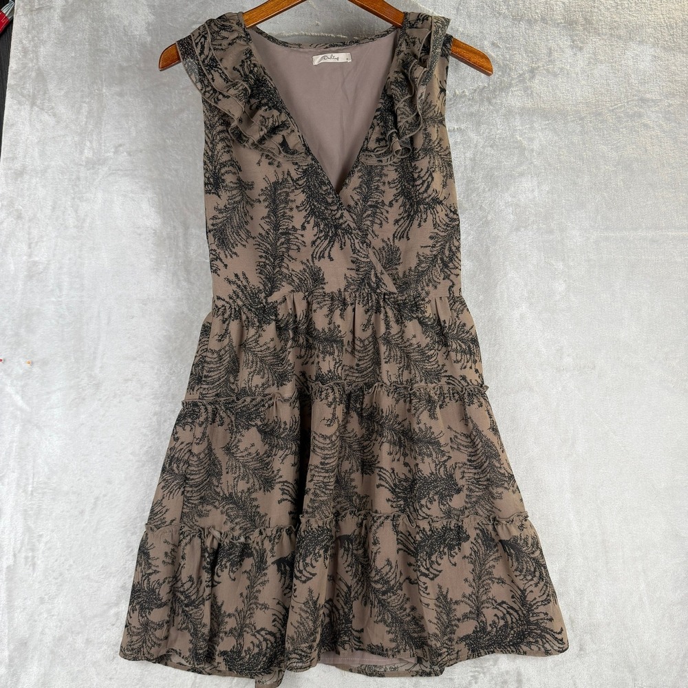 Darling Womens Taupe Brown Black Botanical Print Ruffle Tiered Mini Dress Size M